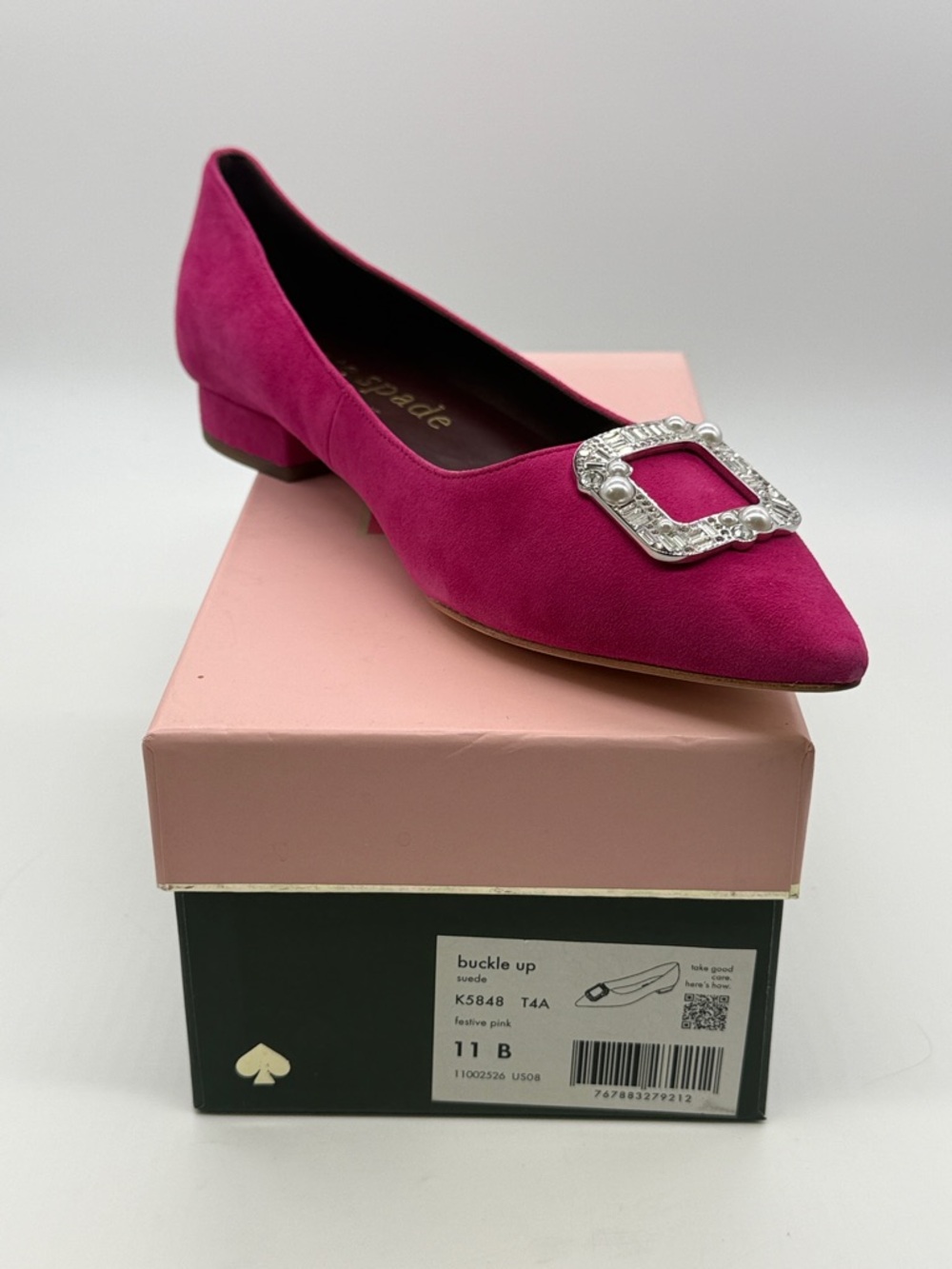 kate spade fuchsia suede pointed-toe flats with crystal buckle